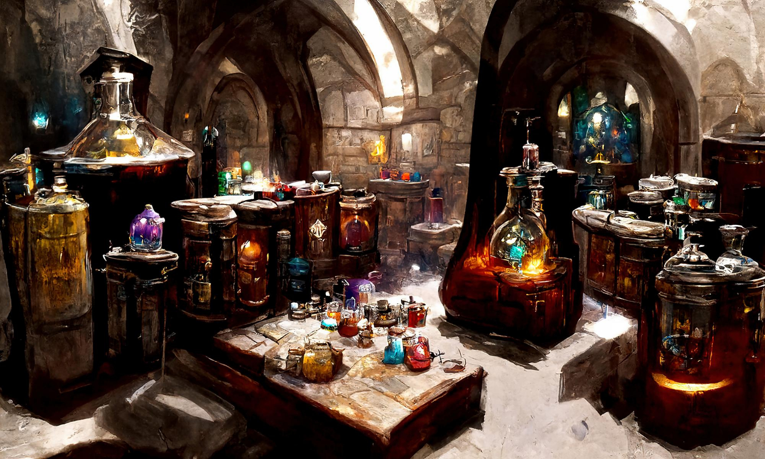 alchemist-table-production-magical-potions-elixir-colored-bottles-flasks-are-table-alchemist-wizard-fantasy-fairy-tale-3d-illustration