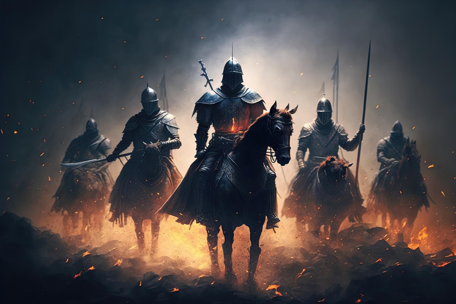 battle-knights-armor-battlefield-struggle-good-against-evil-knights-riders-galloping-horses-sparks-flames-portraits-warriors-3d-render