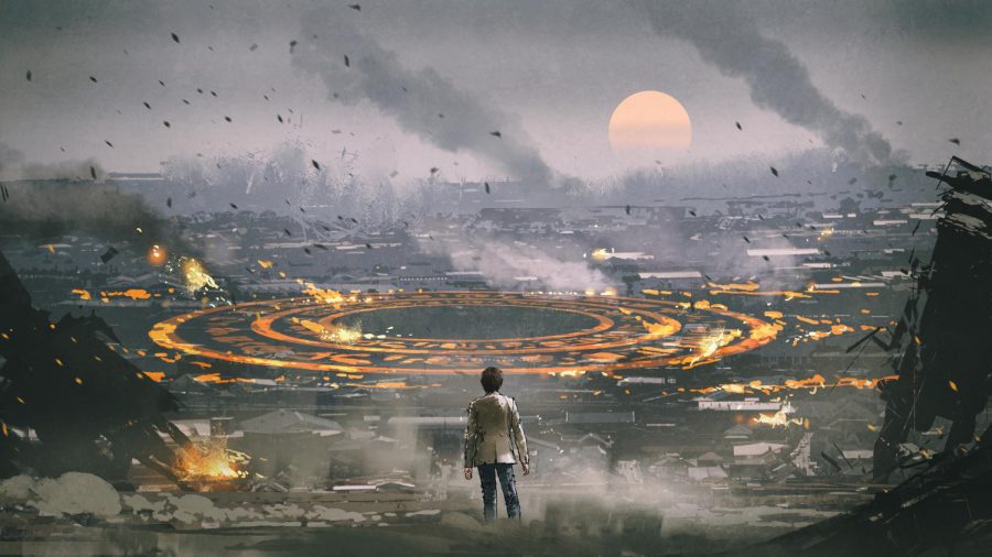 post-apocalypse-scene-showing-man-standing-ruined-city-looking-mysterious-circle-ground-digital-art-style-illustration-painting